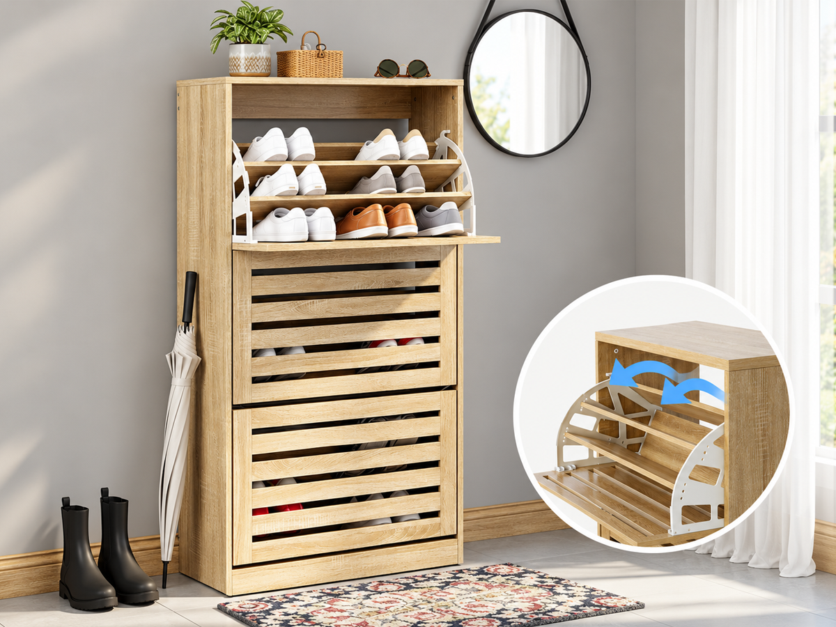 Shoe Cabinet 3 Tier Wooden Storage Organiser with Adjustable Shelves