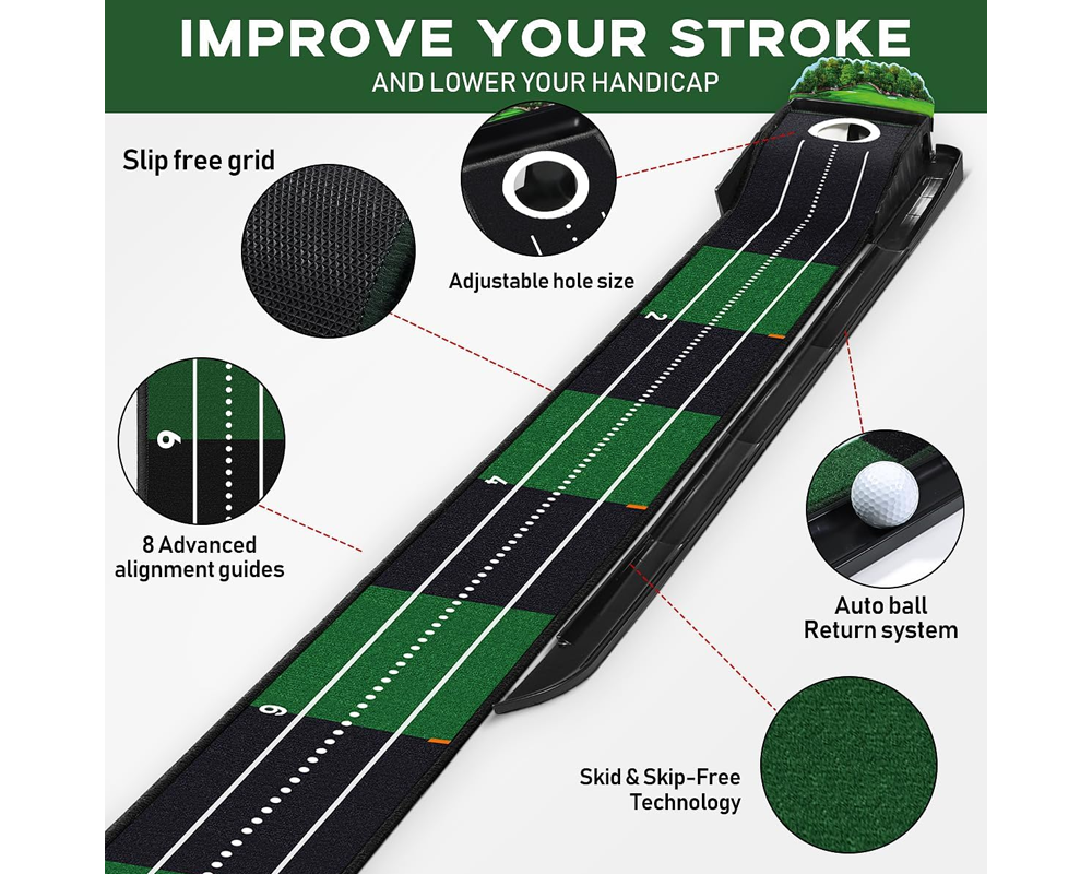 Golf Practice Mat – Indoor & Outdoor Putting Green with Ball Return and Alignment Guide