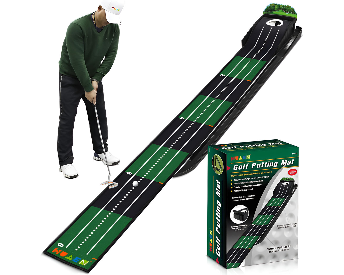 Golf Practice Mat – Indoor & Outdoor Putting Green with Ball Return and Alignment Guide