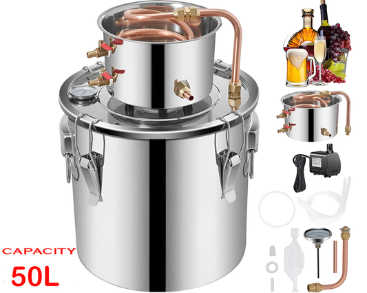 50L Stainless Steel Alcohol Distiller with Copper Coil Home Brewing Kit for DIY Whiskey, Wine, and Brandy Production