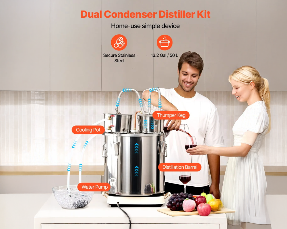 Alcohol Distiller 50L – Dual Condenser Alcohol & Water Distiller Kit