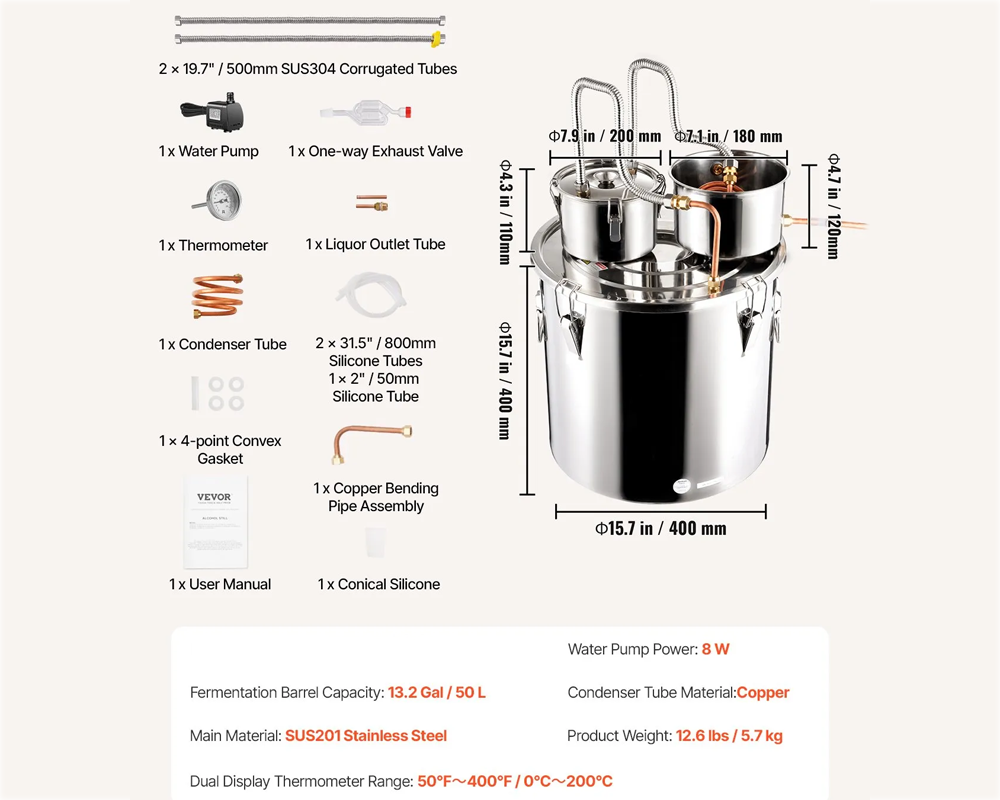 Alcohol Distiller 50L – Dual Condenser Alcohol & Water Distiller Kit