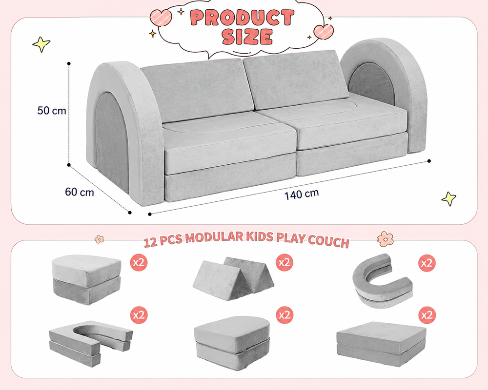 Modular Play Couch Convertible Foam Lounge Set 12pcs Grey