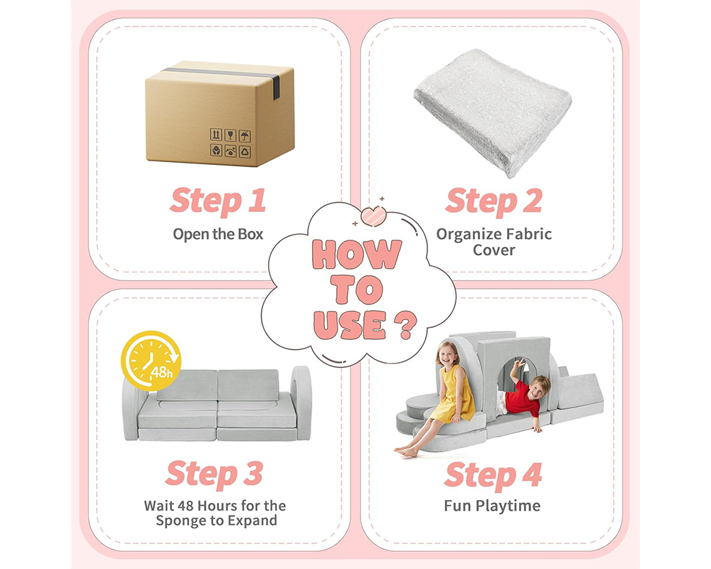 Modular Play Couch Convertible Foam Lounge Set 12pcs Grey