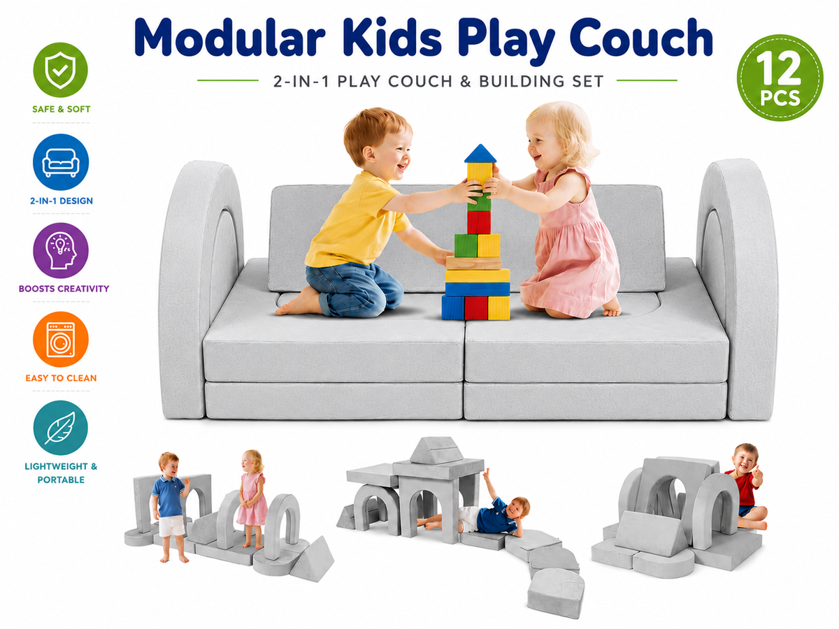 Modular Play Couch Convertible Foam Lounge Set 12pcs Grey