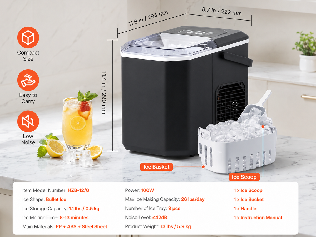 Bullet Ice Cube Maker Countertop Portable Ice Machine 12kg