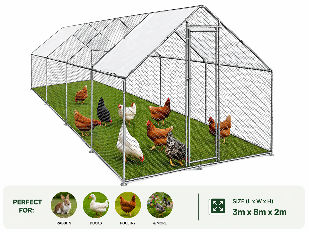 Chicken Coop Run – Large Outdoor Chicken Coop Run 3M × 8M × 2M Galvanised Steel Enclosure