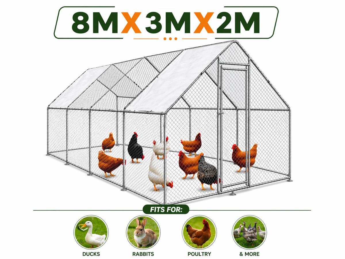 Chicken Coop Run – Large Outdoor Chicken Coop Run 3M × 8M × 2M Galvanised Steel Enclosure