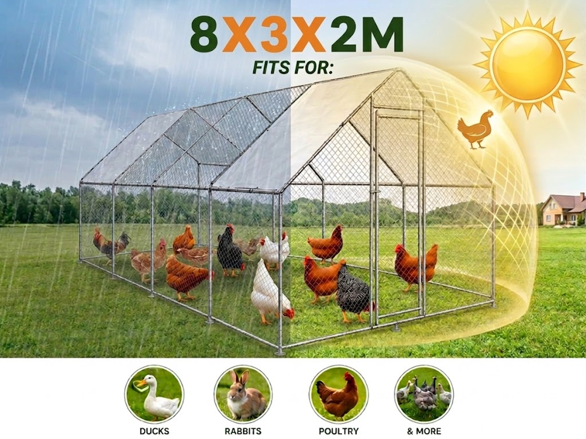 Chicken Coop Run – Large Outdoor Chicken Coop Run 3M × 8M × 2M Galvanised Steel Enclosure