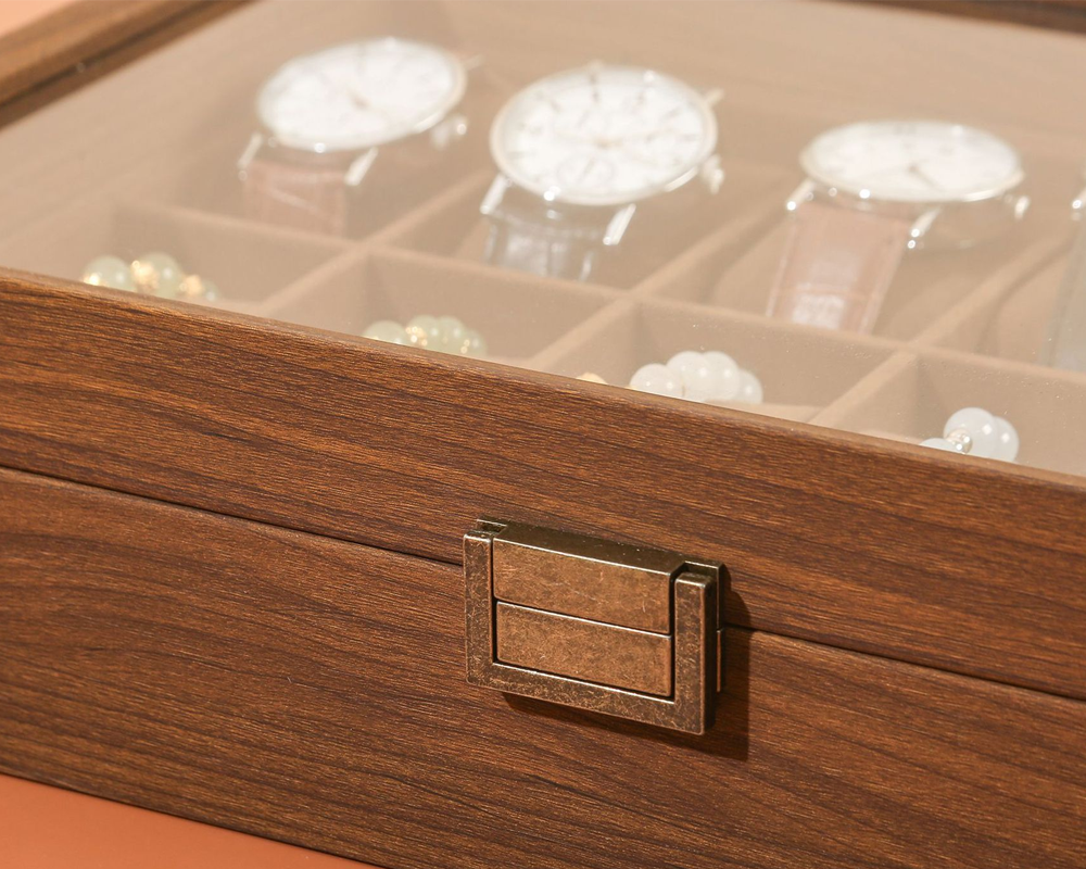 Watch Box Organiser 12 Slot Wooden Display Case with Glass Lid Rustic Walnut