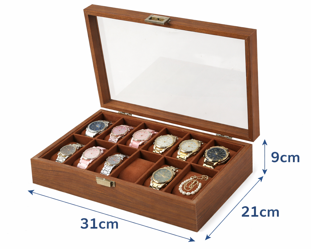 Watch Box Organiser 12 Slot Wooden Display Case with Glass Lid Rustic Walnut