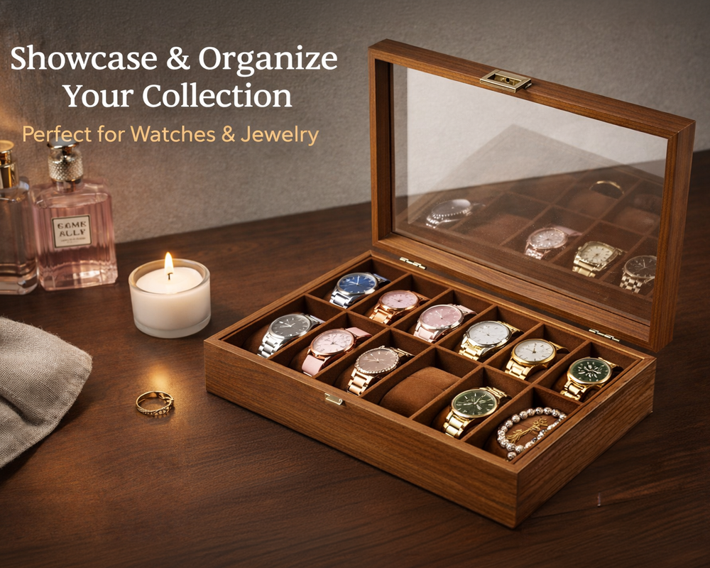 Watch Box Organiser 12 Slot Wooden Display Case with Glass Lid Rustic Walnut