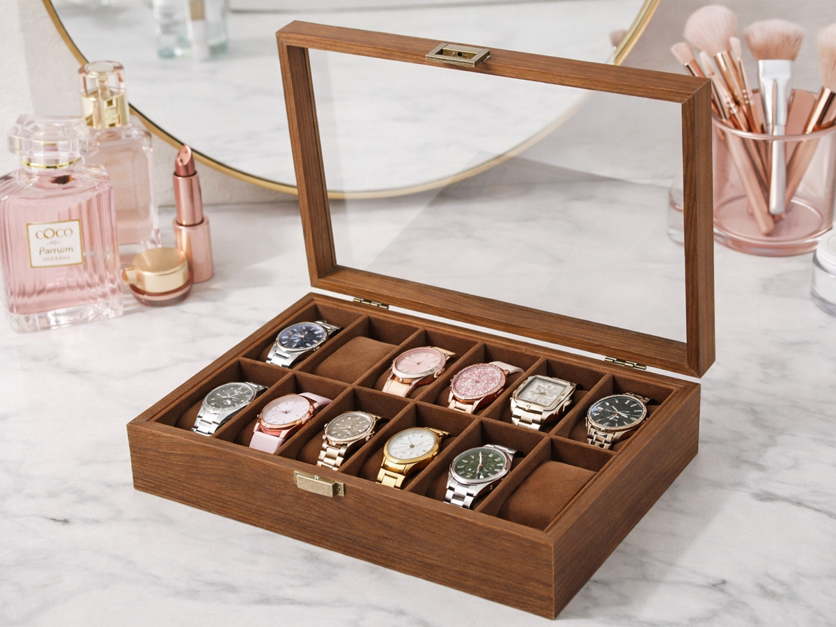 Watch Box Organiser 12 Slot Wooden Display Case with Glass Lid Rustic Walnut