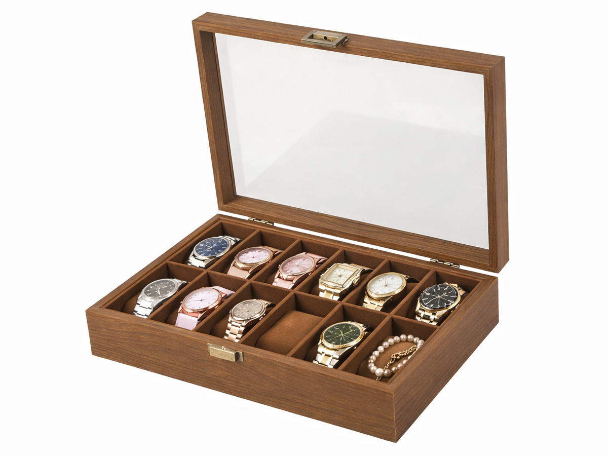 Watch Box Organiser 12 Slot Wooden Display Case with Glass Lid Rustic Walnut