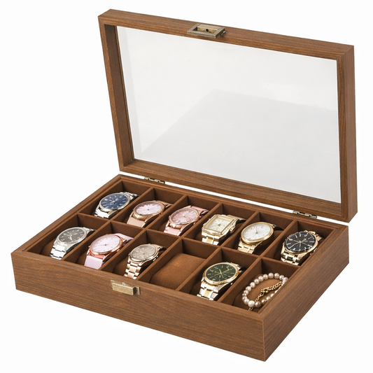 12 Slot Watch Box for Men and Women with Large Glass Lid