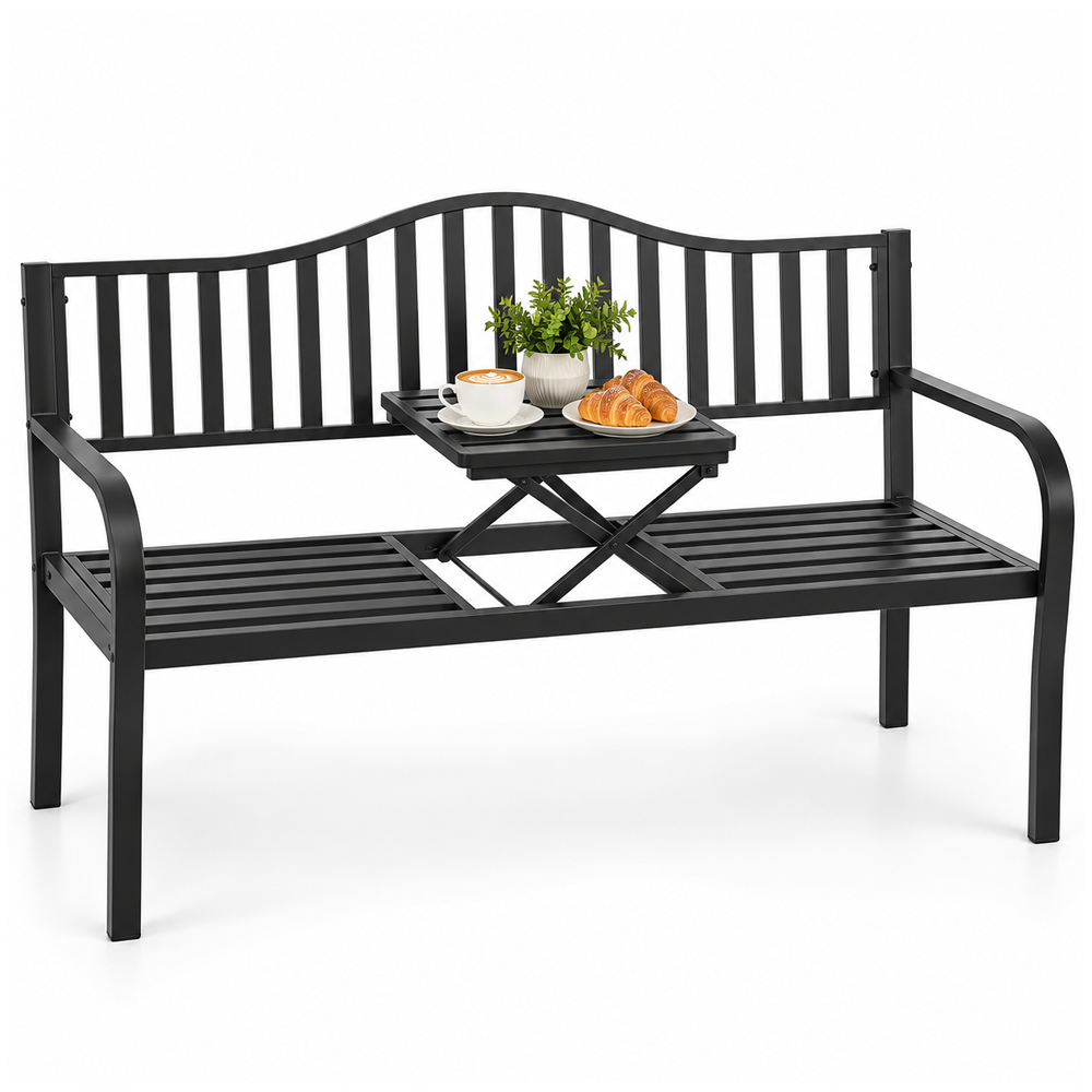 Outdoor Steel Garden Bench with Foldable Table