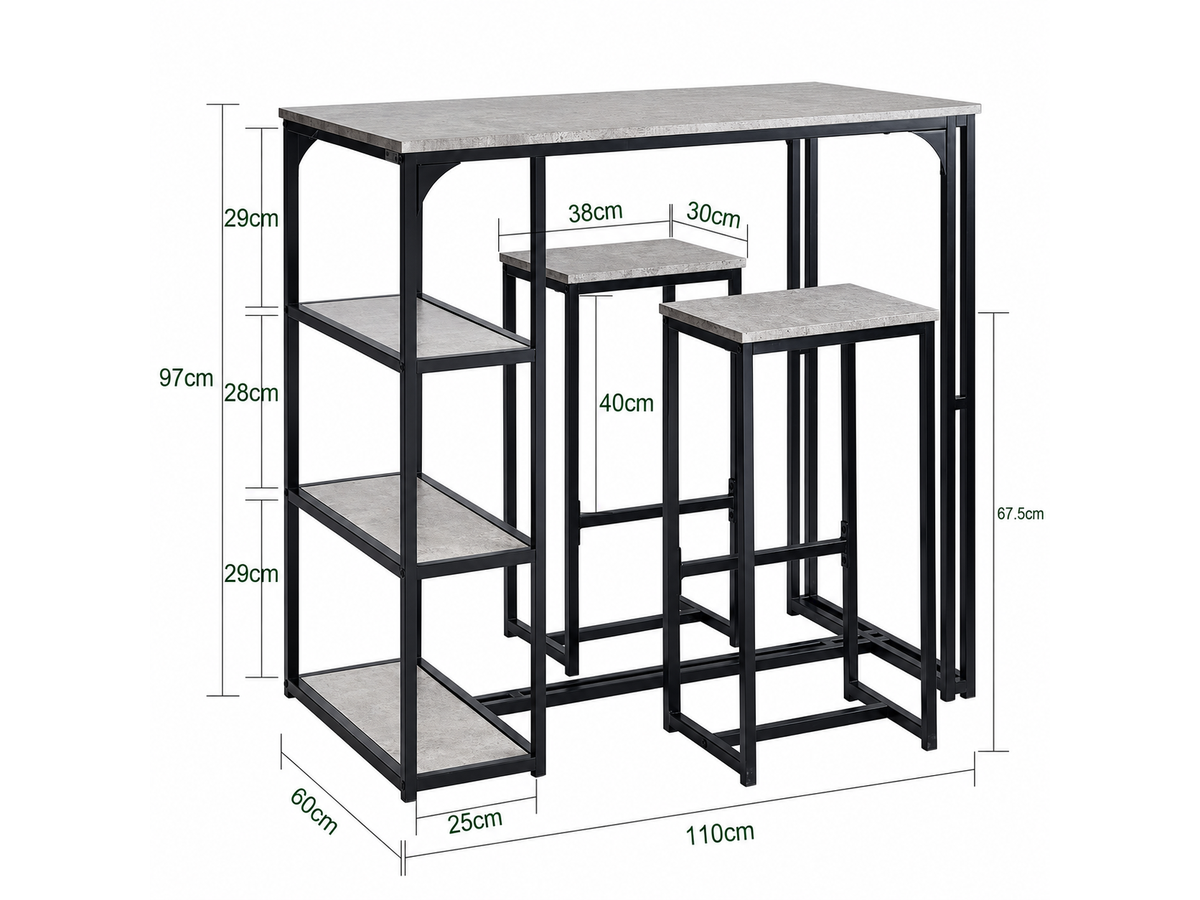 Bar Table and Stools Set 3 Piece Dining Set with Storage Shelves