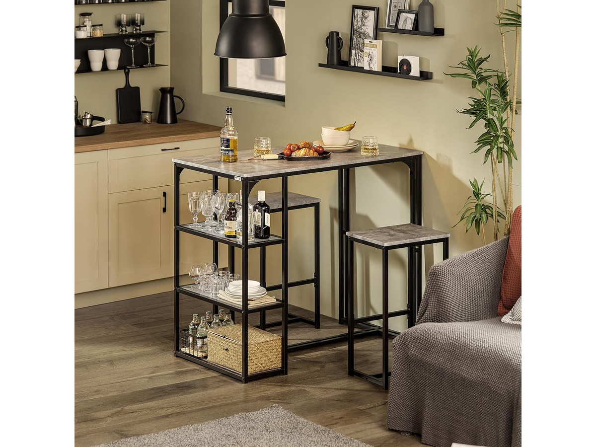 Bar Table and Stools Set 3 Piece Dining Set with Storage Shelves