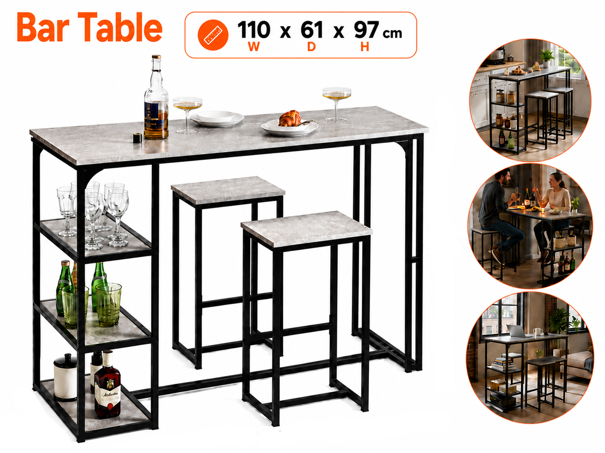 Bar Table and Stools Set 3 Piece Dining Set with Storage Shelves