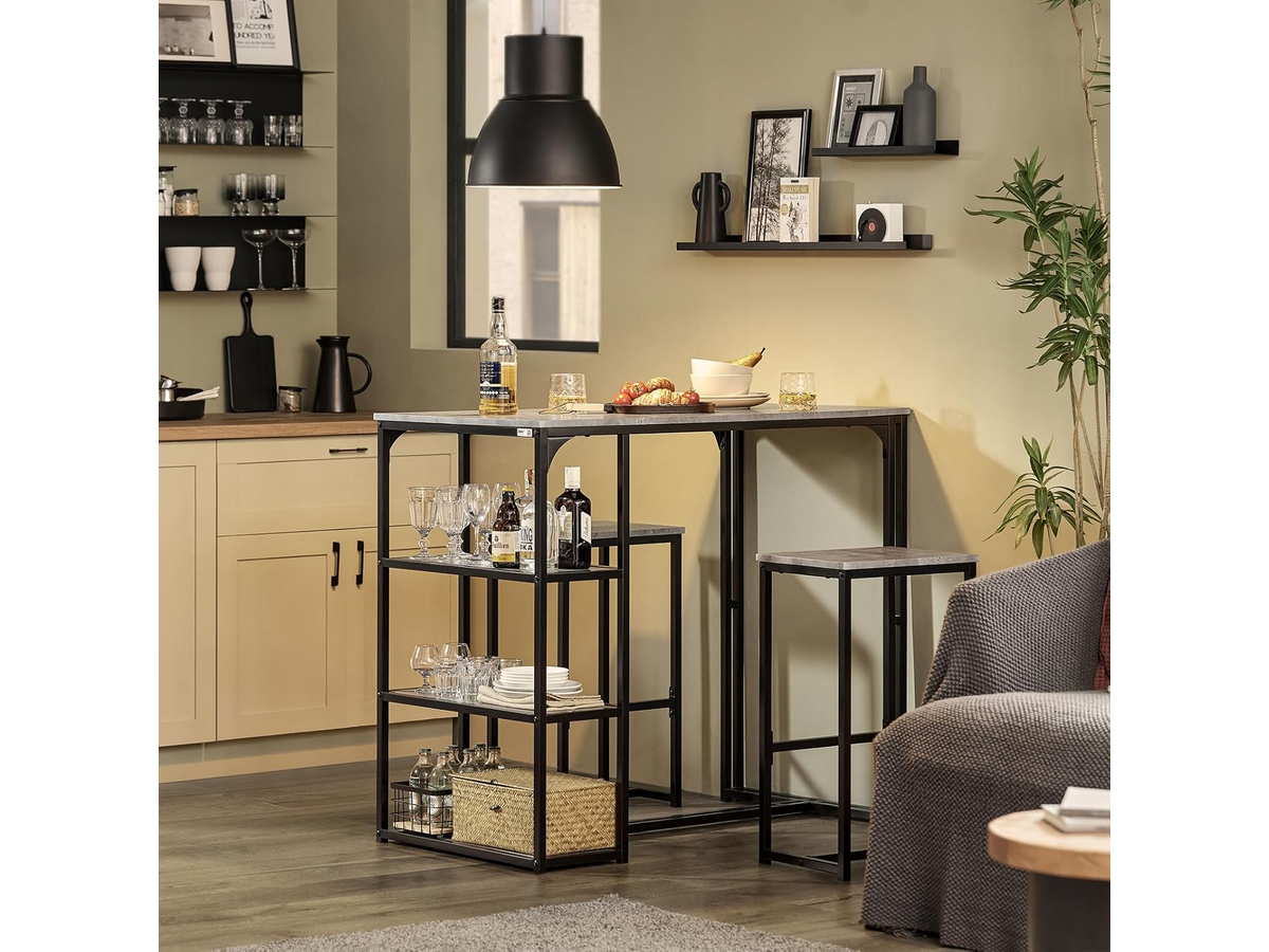 Bar Table and Stools Set 3 Piece Dining Set with Storage Shelves