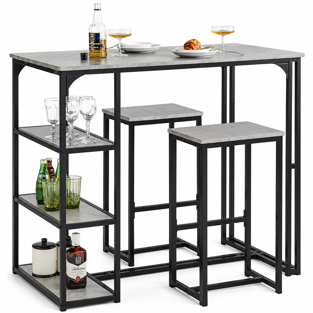 Bar Table and Stools Set 3 Piece Dining Set with Storage Shelves