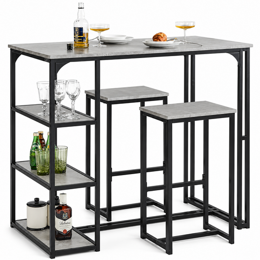 Bar Table and Stools Set 3 Piece Dining Set with Storage Shelves