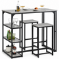 Bar Table and Stools Set 3 Piece Dining Set with Storage Shelves