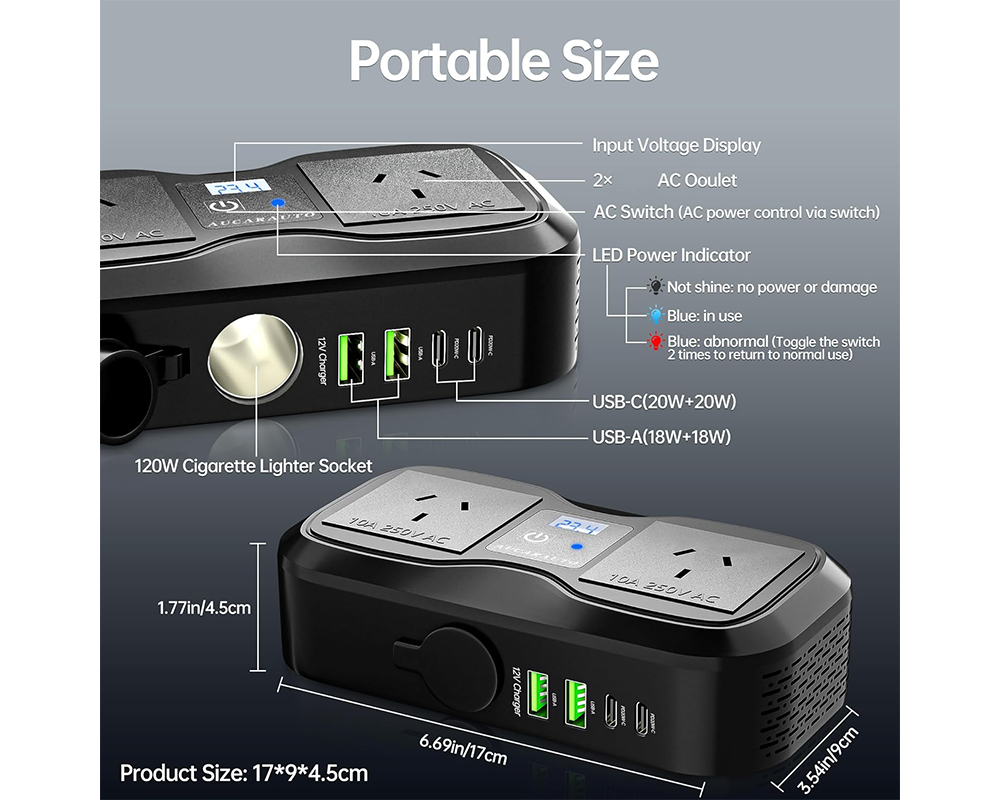 Car Inverter 200W 7 in 1 Fast Charging DC to AC Converter
