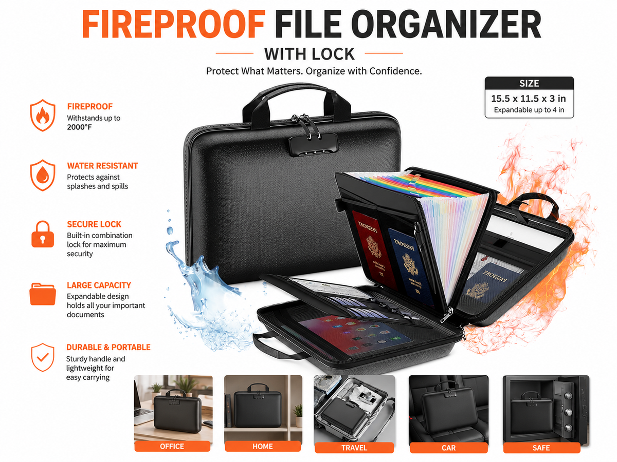 Product Title Fireproof Document Organizer Lockable File Storage Box with 13 Pockets