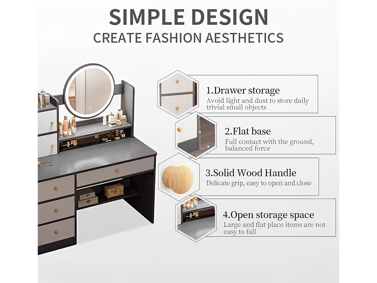 Makeup Vanity Table 6 Drawers Makeup Vanity Table Set with Mirror and Stool