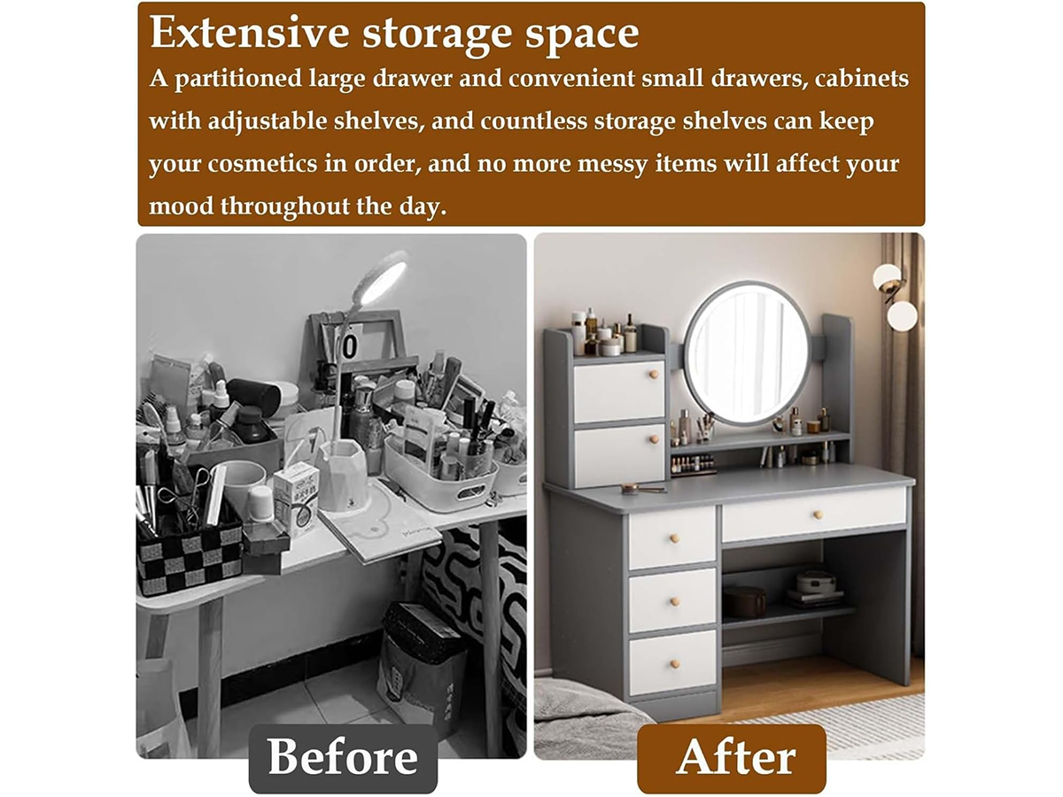 Makeup Vanity Table 6 Drawers Makeup Vanity Table Set with Mirror and Stool