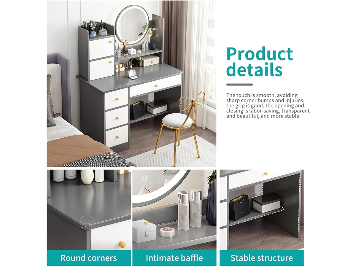 Makeup Vanity Table 6 Drawers Makeup Vanity Table Set with Mirror and Stool