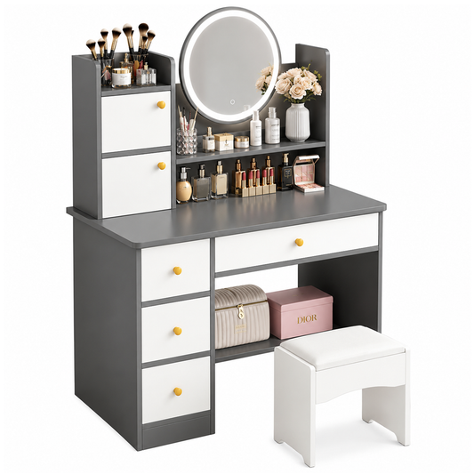 Makeup Vanity Table 6 Drawers Makeup Vanity Table Set with Mirror and Stool