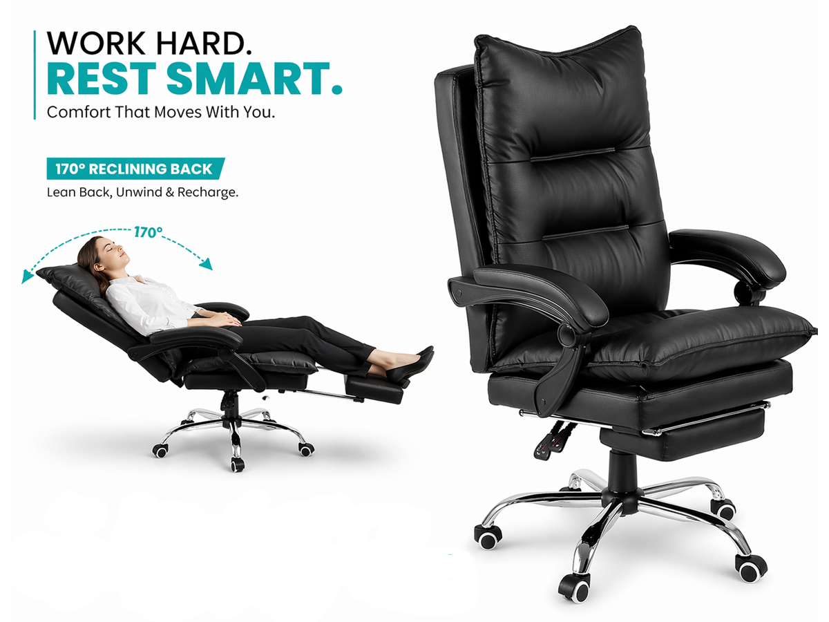 Office Chair Ergonomic Leather Reclining Office Chair with Footrest