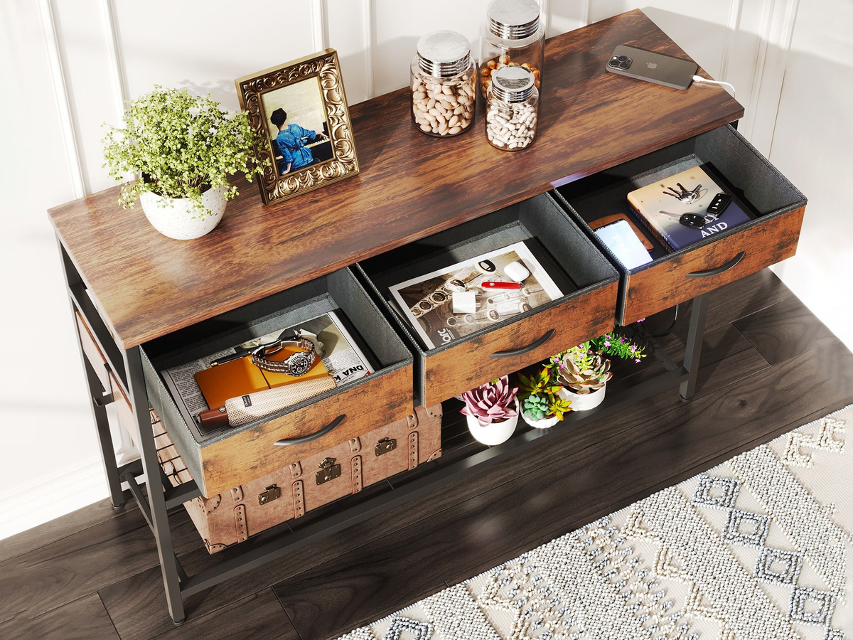 Console Table with 3 Drawers Industrial Entryway Hall Table with Storage Drawers