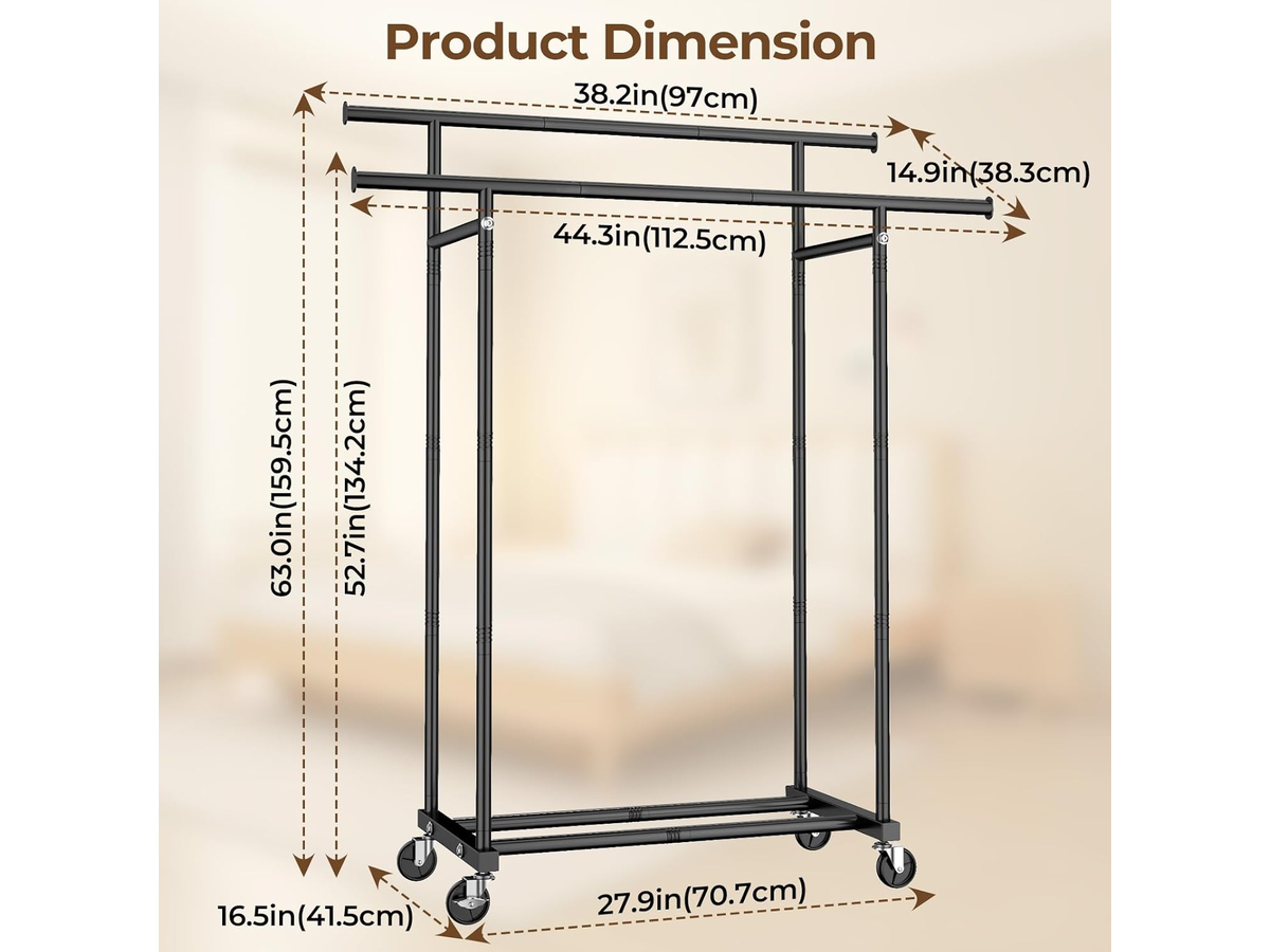 Double Rods Clothes Rack Rolling Garment Storage Rack with Wheels