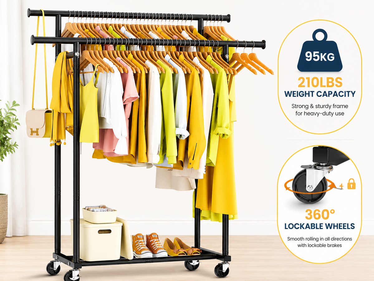 Double Rods Clothes Rack Rolling Garment Storage Rack with Wheels