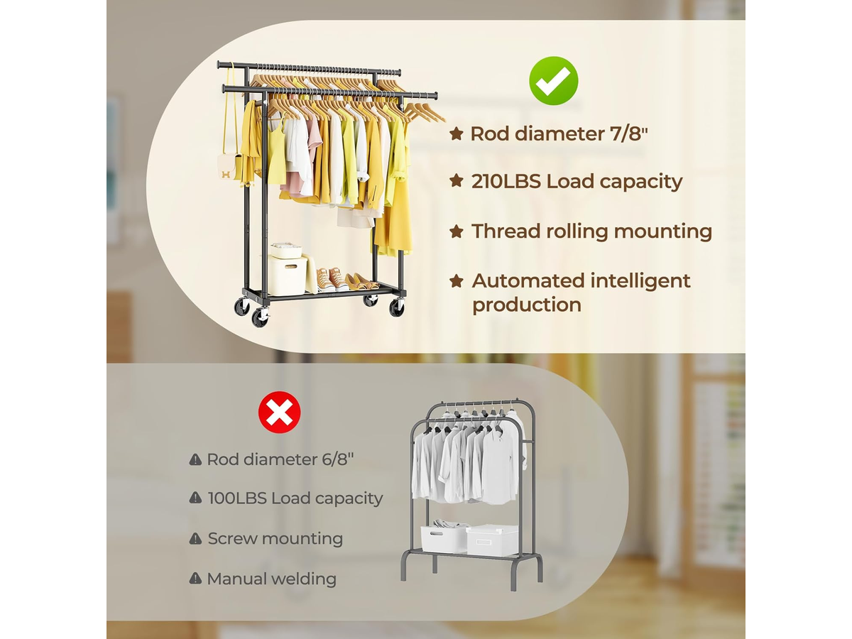 Double Rods Clothes Rack Rolling Garment Storage Rack with Wheels