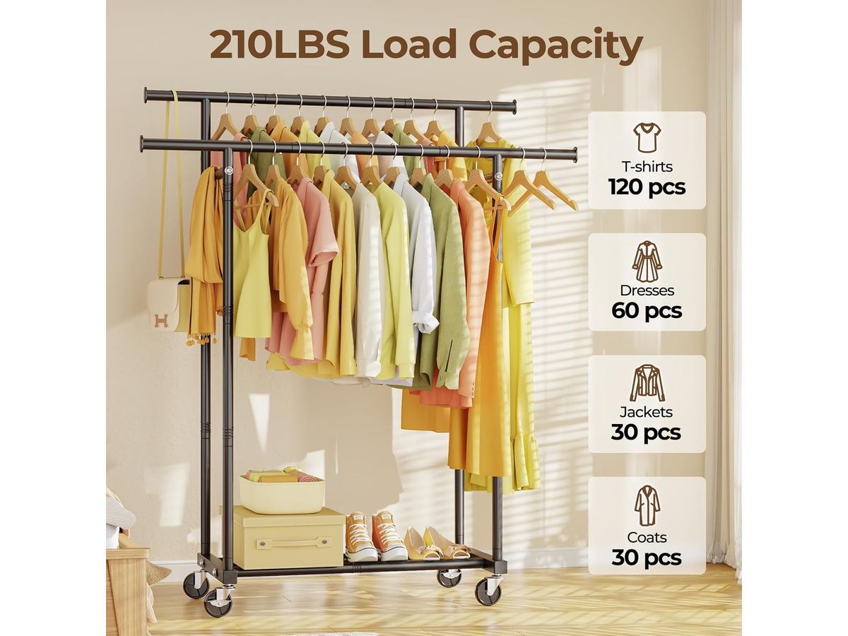 Double Rods Clothes Rack Rolling Garment Storage Rack with Wheels