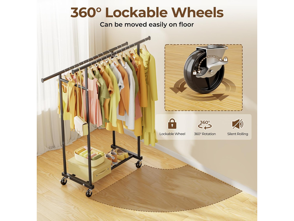 Double Rods Clothes Rack Rolling Garment Storage Rack with Wheels