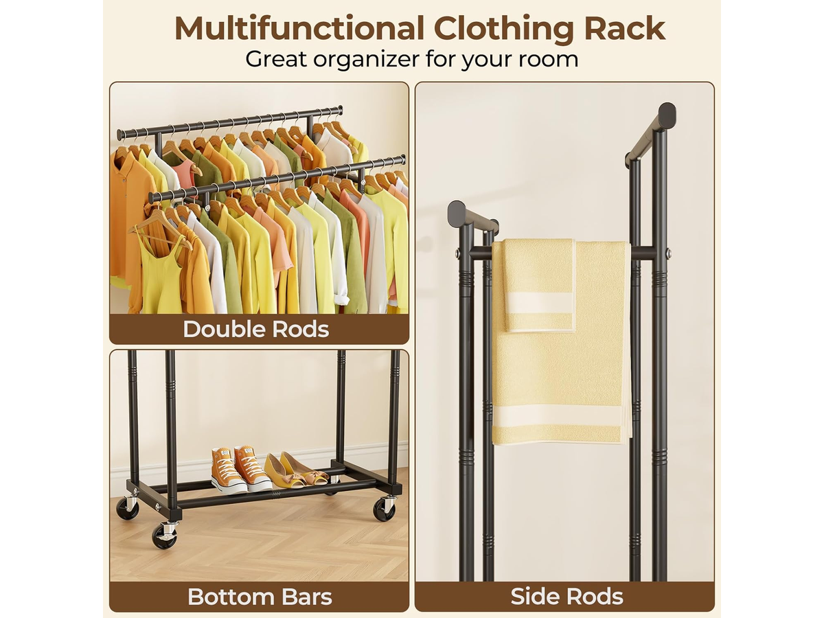 Double Rods Clothes Rack Rolling Garment Storage Rack with Wheels