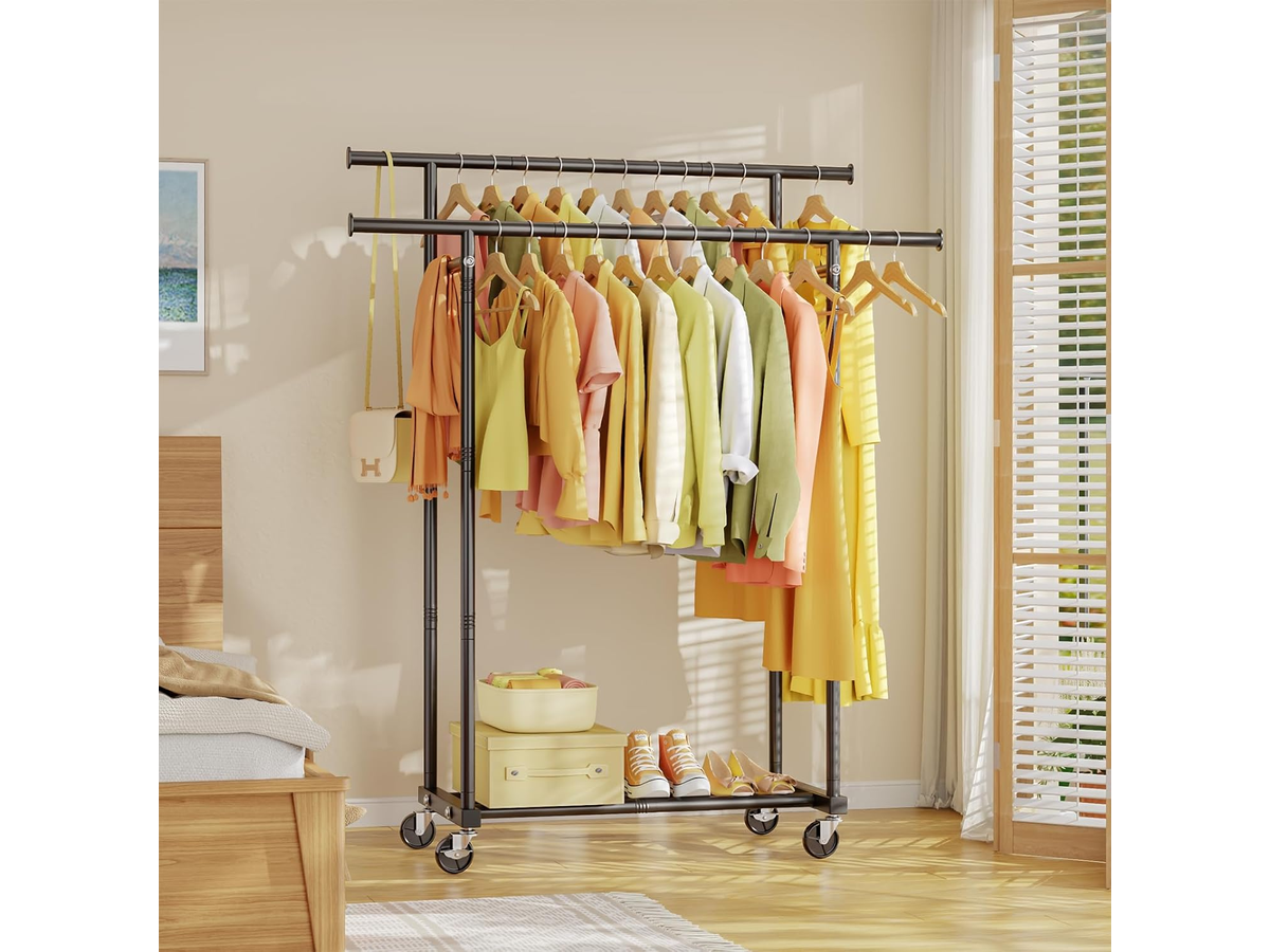 Double Rods Clothes Rack Rolling Garment Storage Rack with Wheels