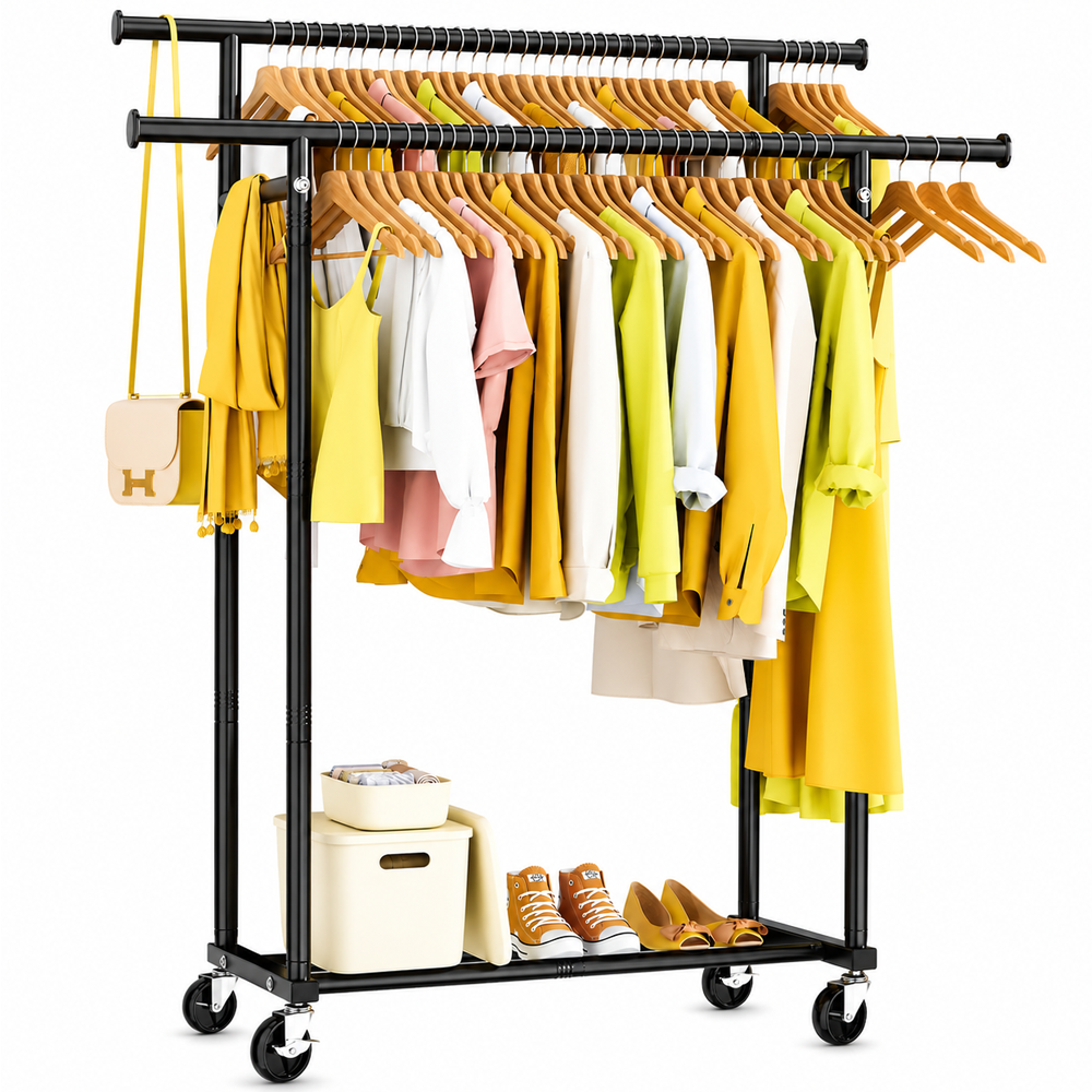 Double Rods Clothes Rack Rolling Garment Storage Rack with Wheels
