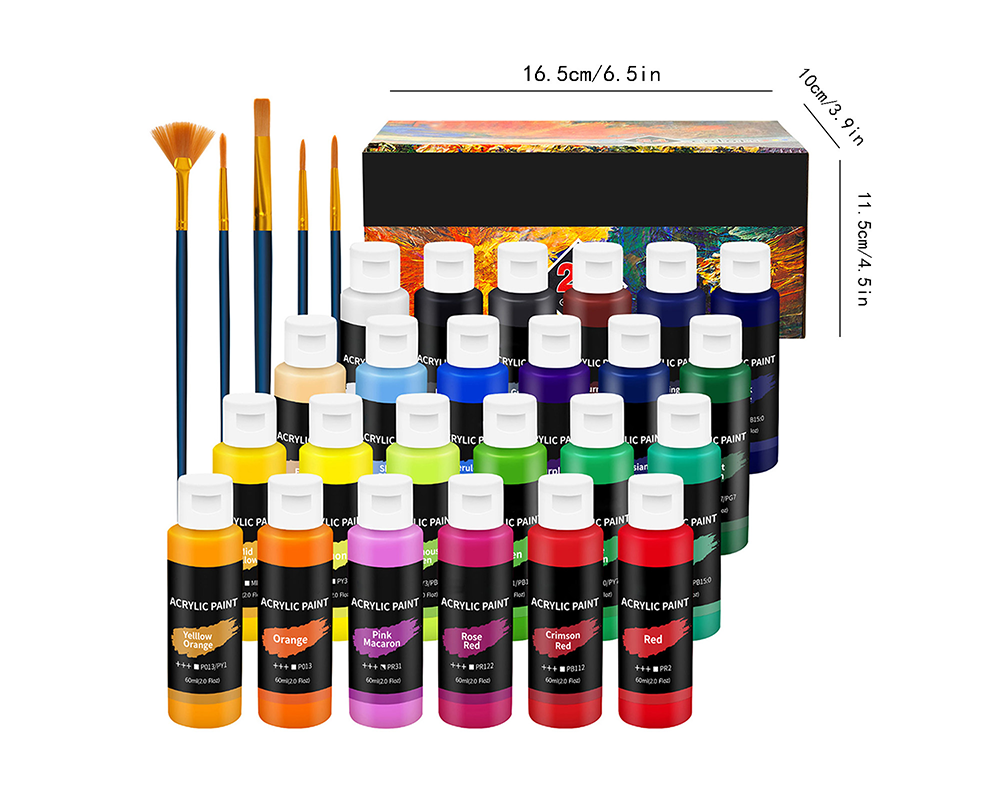 Acrylic Paint Set 24 Colors Painting Kit with Brushes and Color Dish