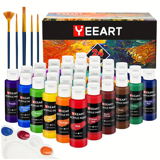 Acrylic Paint Set 24 Colors Painting Kit with Brushes and Color Dish