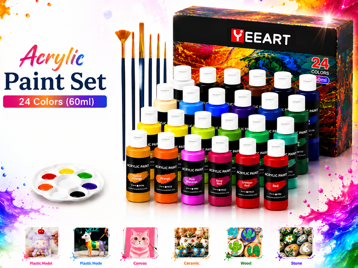 Acrylic Paint Set 24 Colors Painting Kit with Brushes and Color Dish