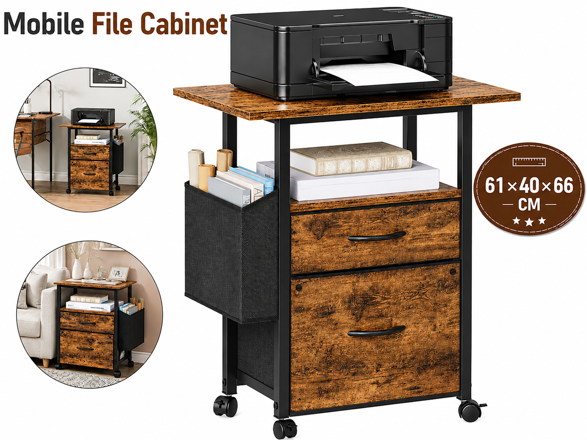 2 Drawer Mobile File Cabinet with Printer Stand Storage Shelf and Side Bag