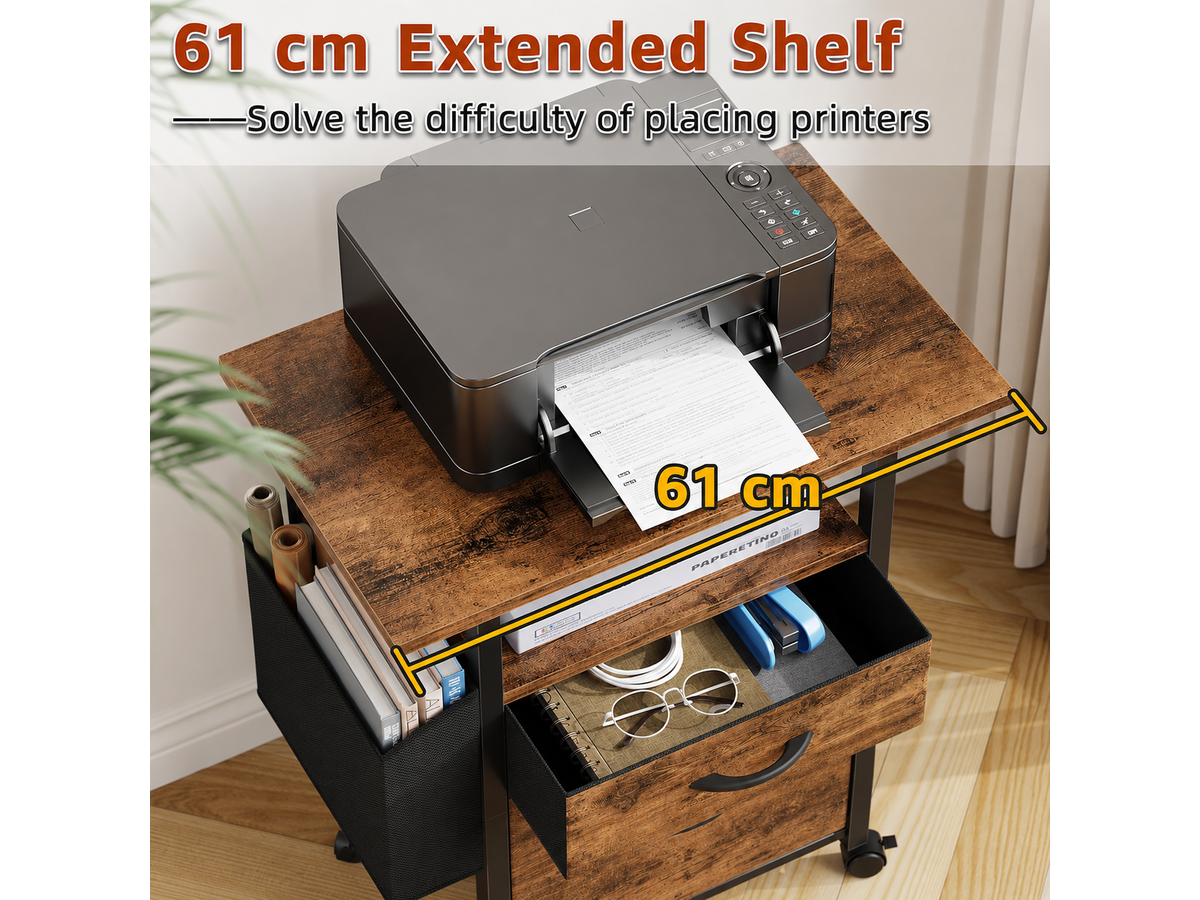 2 Drawer Mobile File Cabinet with Printer Stand Storage Shelf and Side Bag