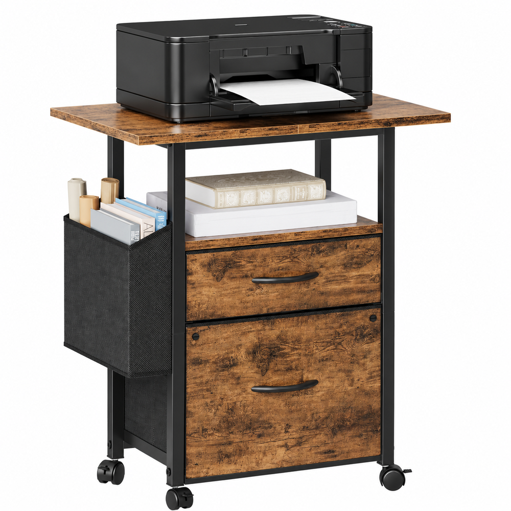 2 Drawer Mobile File Cabinet with Printer Stand Storage Shelf and Side Bag