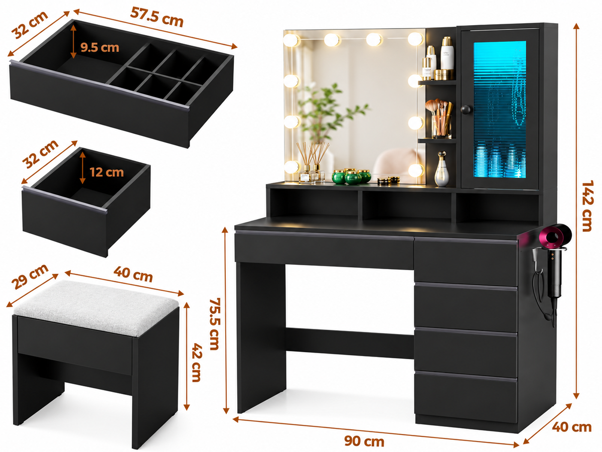 Dressing Table With Mirror LED Lights 6 Drawers Storage Stool Power Outlet
